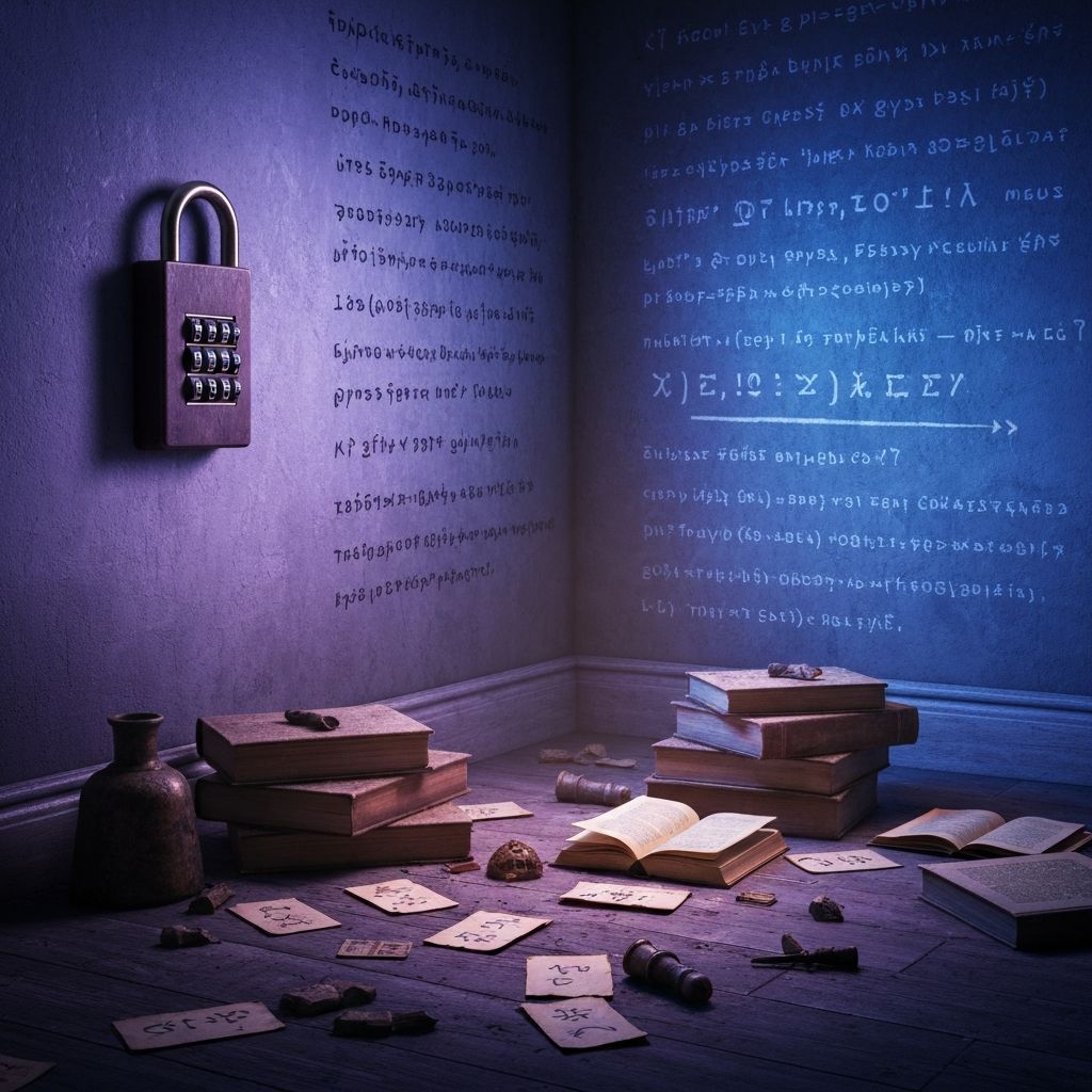 Dramatic escape room scene with combination lock and mysterious clues
